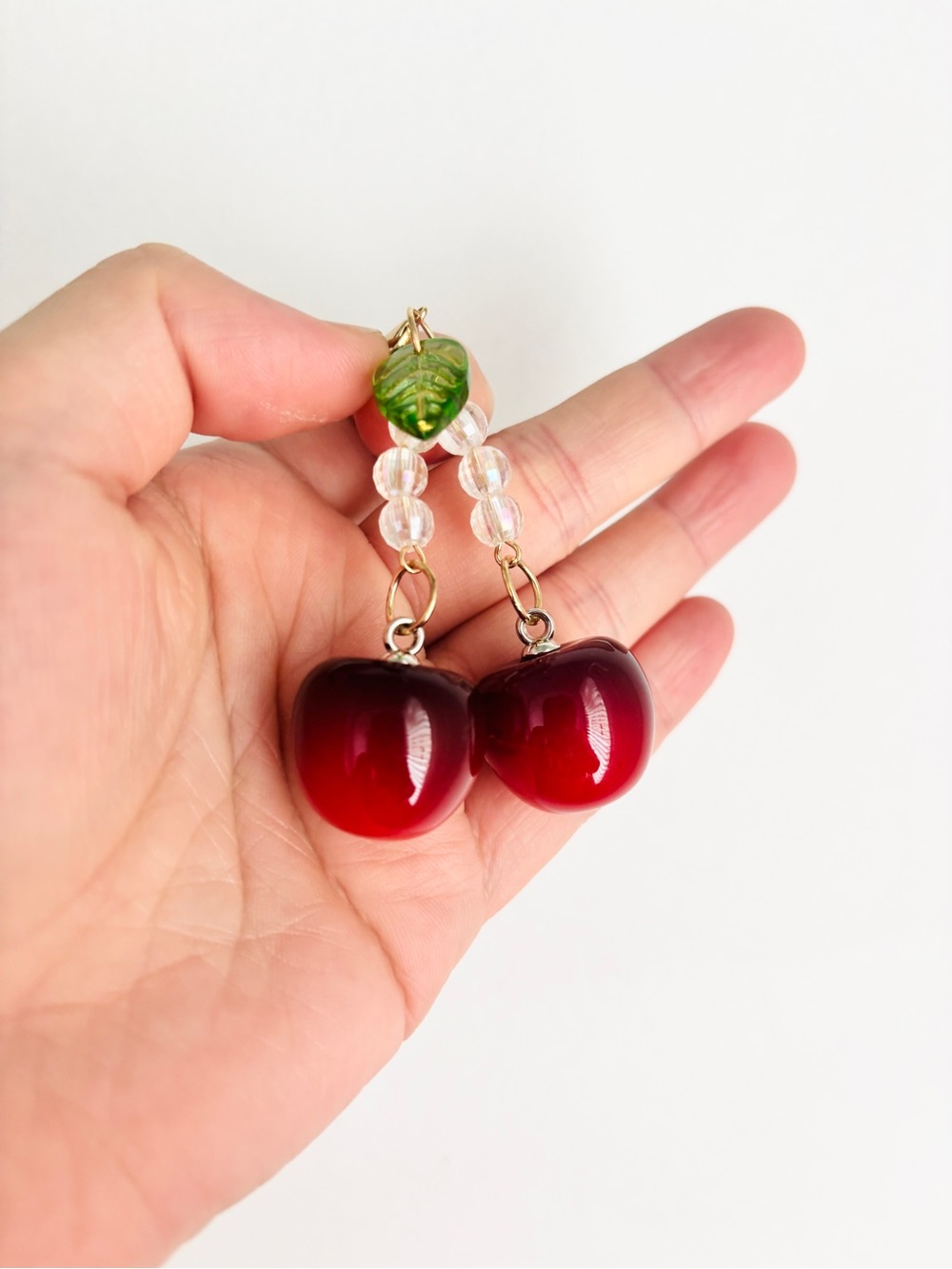 New Red Cherry bag charm keychain- juicy with green leave Artificial fruit